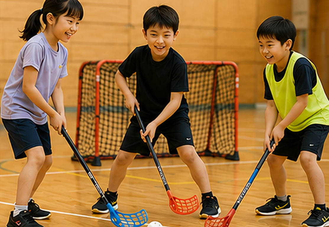 初心者の子どもたちがフロアボールを楽しむ練習風景
