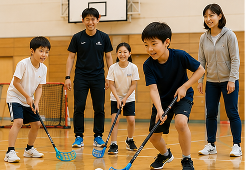 四国・香川・徳島・愛媛・高知でフロアボール無料体験会に参加する子どもたち